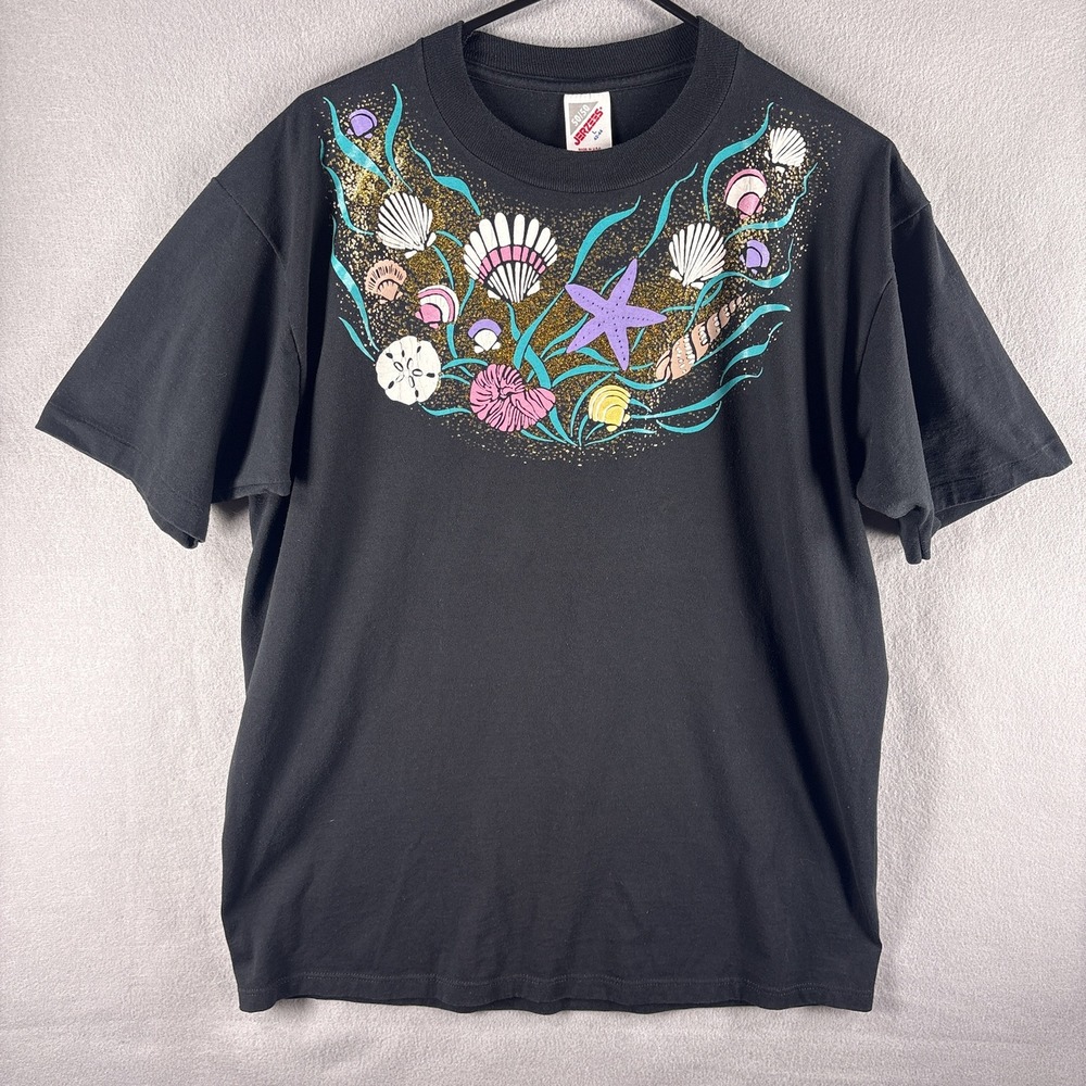 Vintage 80s Seashells Large T-Shirt Single Stitch Kitschy Glitter Ocean